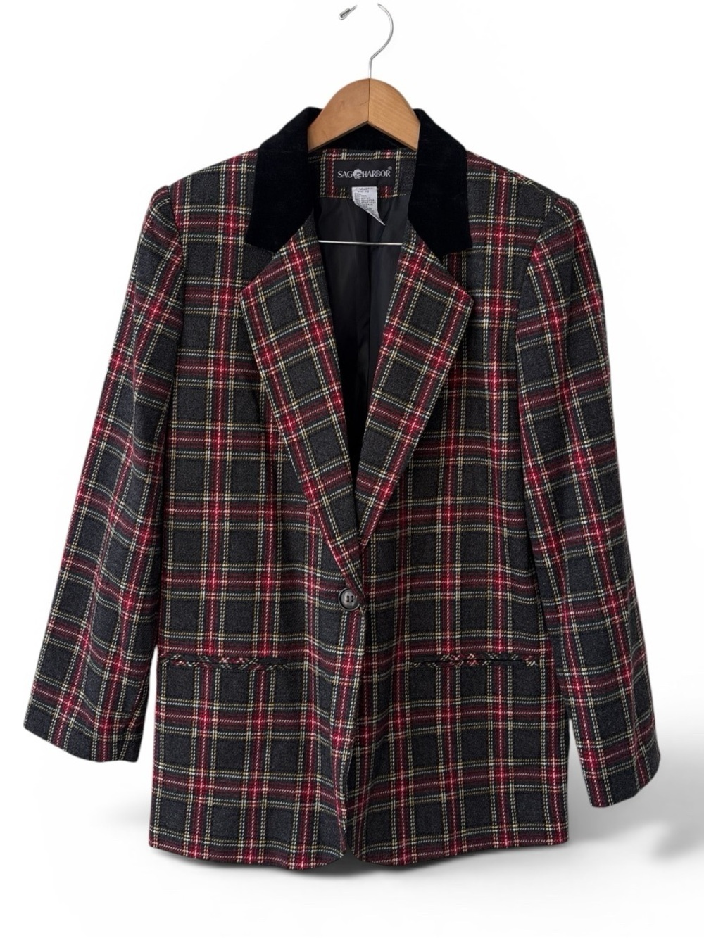 Vintage Sag Harbor Plaid Wool Blend Blazer Jacket Velvet Collar Preppy Size 10